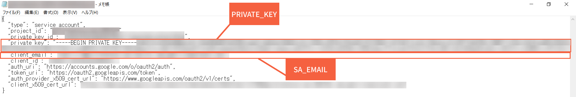 「SA_EMAIL」、「PRIVATE_KEY」情報の取得